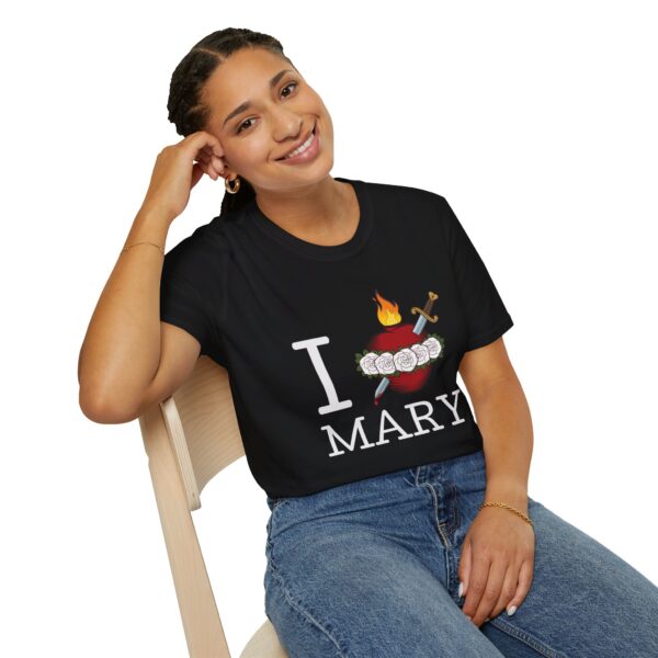 Woman wearing black I heart Mary t-shirt