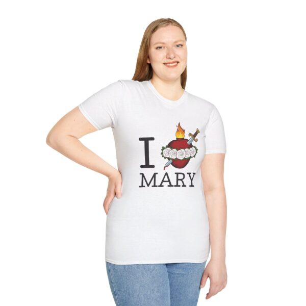 woman wearing White I heart Mary t-shirt