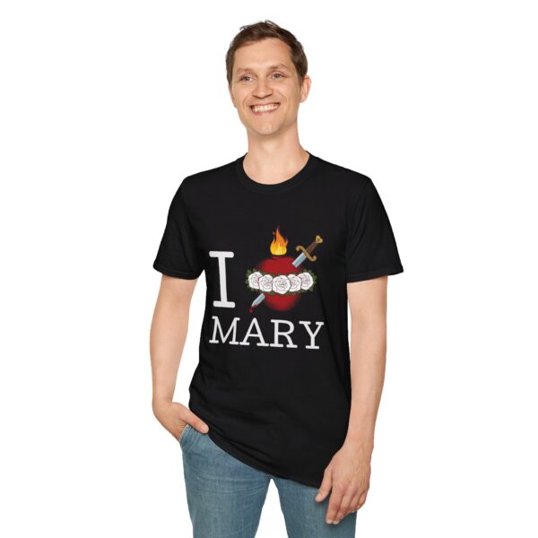 Man wearing black I heart Mary t-shirt