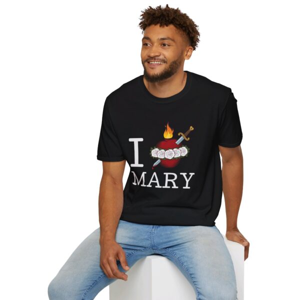 Man wearing black I heart Mary t-shirt