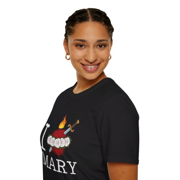 Woman wearing black I heart Mary t-shirt