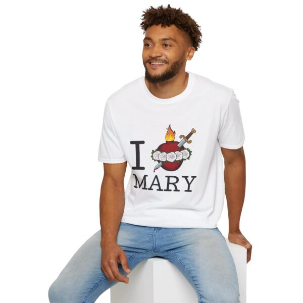 Man wearing White I heart Mary t-shirt