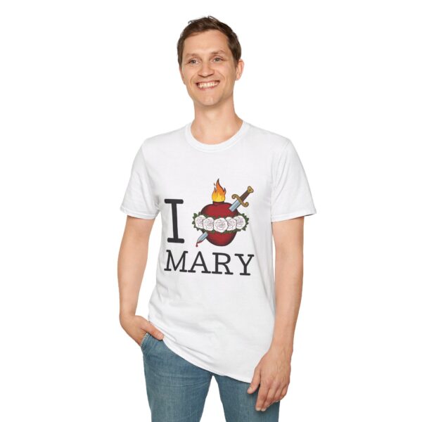 man wearing White I heart Mary t-shirt