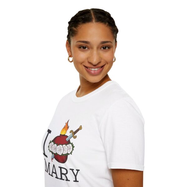 woman wearing White I heart Mary t-shirt