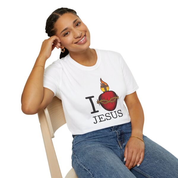 Woman wearing white I Heart Jesus t-shirt