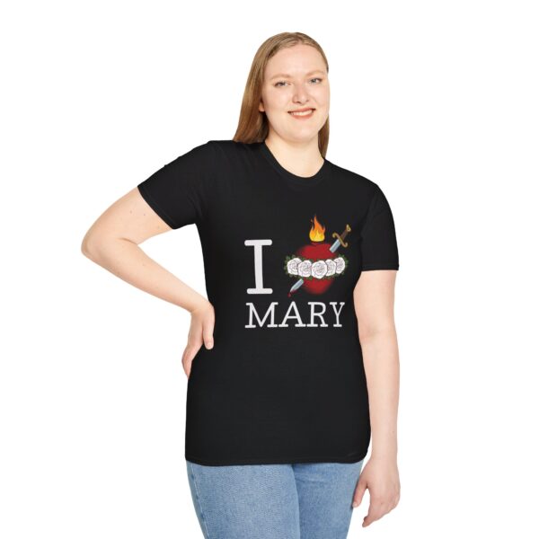 woman wearing black I heart Mary t-shirt