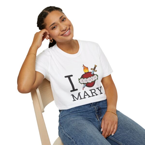 Woman wearing White I heart Mary t-shirt