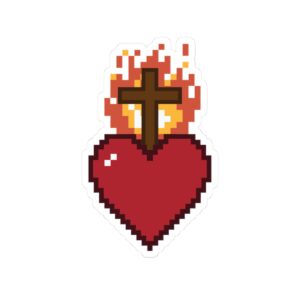 Pixel Sacred Heart Sticker — Flaming Cross Kiss-Cut Sticker